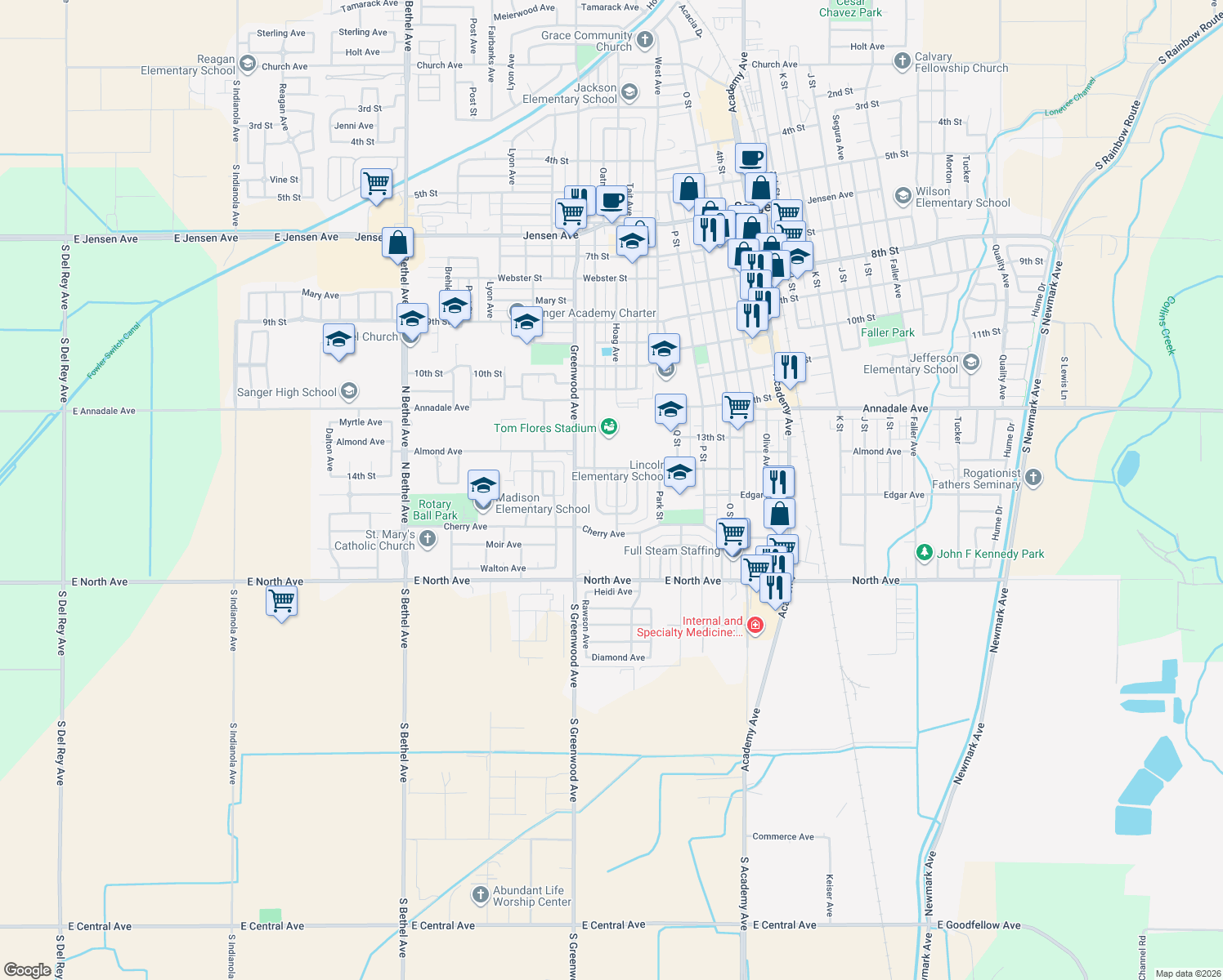 map of restaurants, bars, coffee shops, grocery stores, and more near 1417 Hoag Ave in Sanger