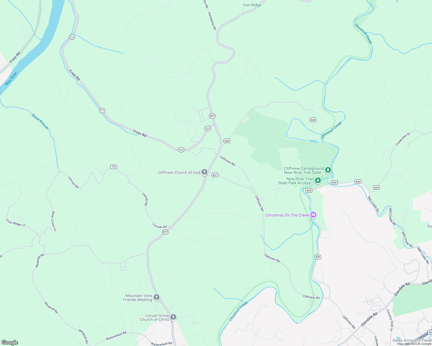 map of restaurants, bars, coffee shops, grocery stores, and more near Trading Post Road in Galax