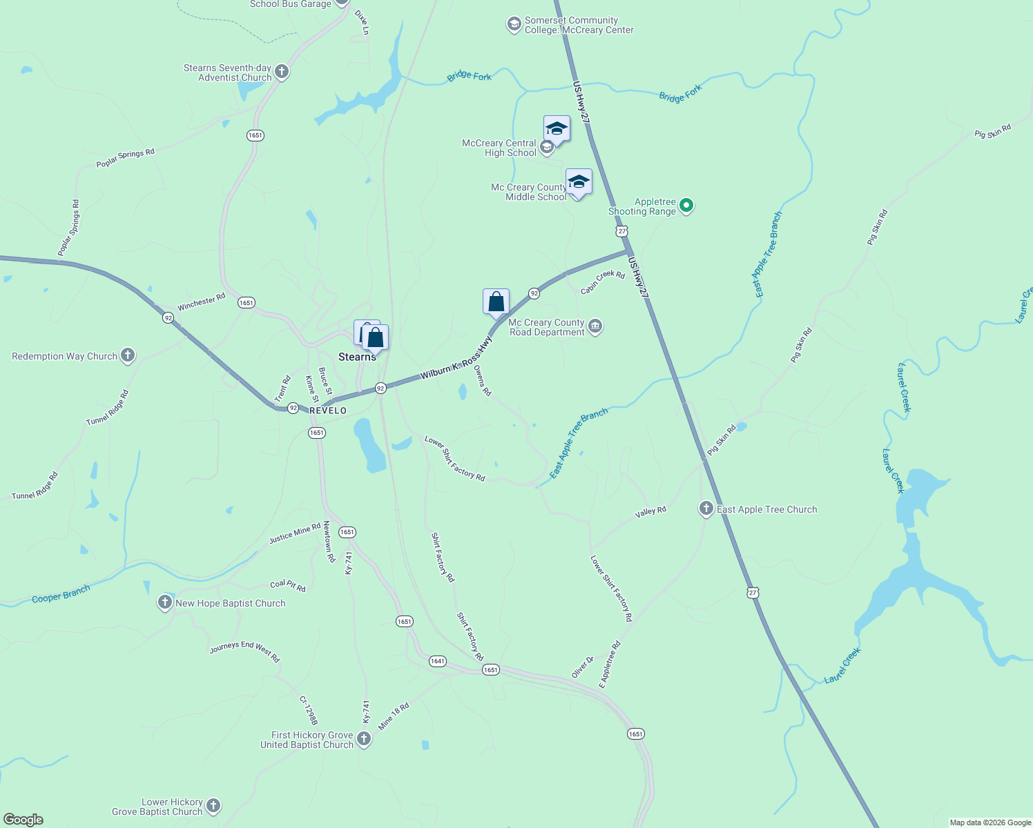 map of restaurants, bars, coffee shops, grocery stores, and more near Owens Road in Stearns