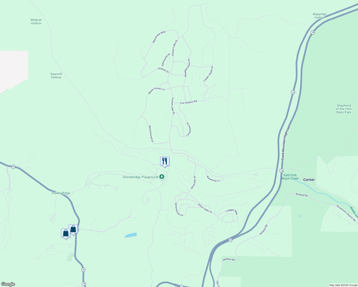 map of restaurants, bars, coffee shops, grocery stores, and more near 14 Beechwood Drive in Branson West