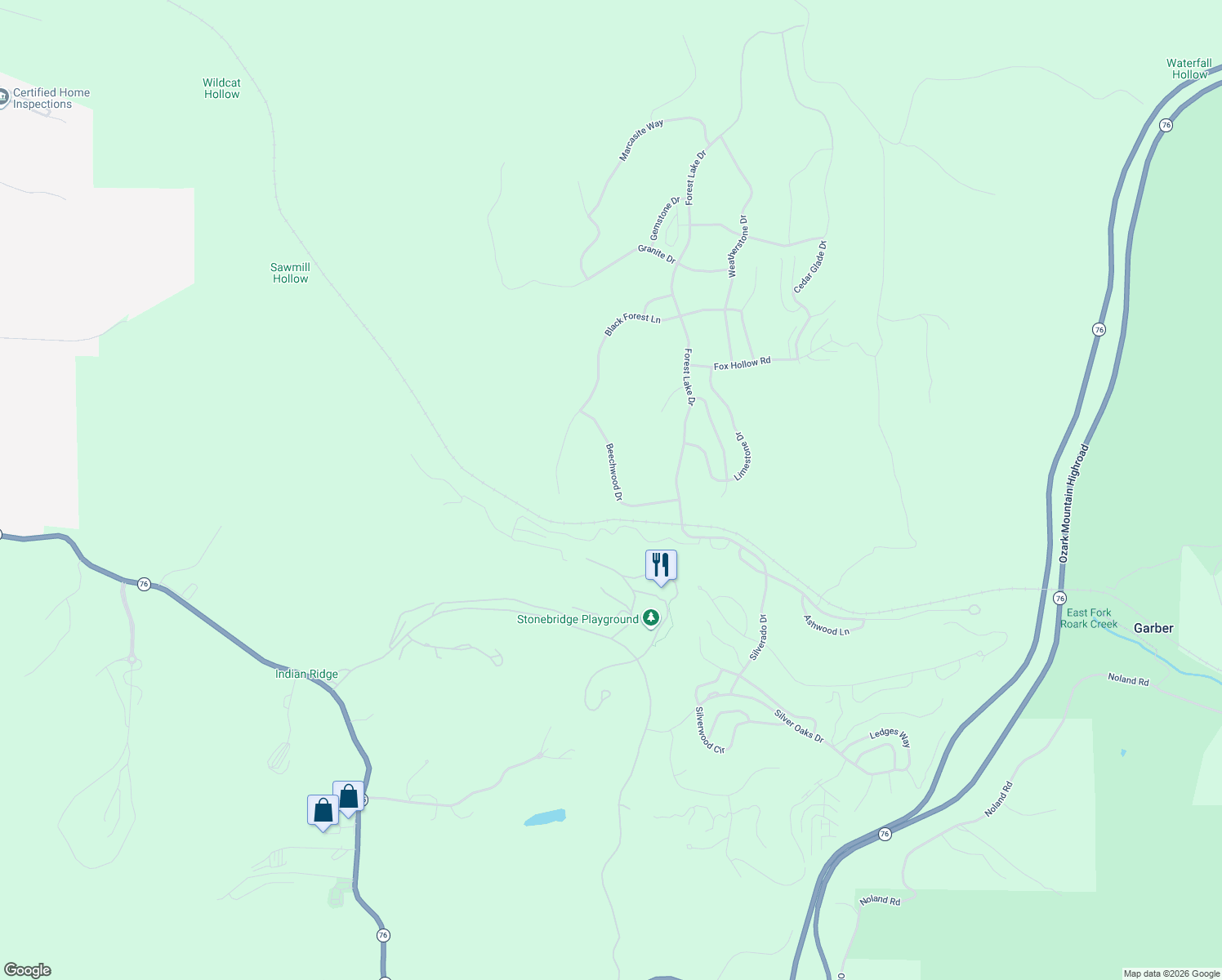 map of restaurants, bars, coffee shops, grocery stores, and more near Beechwood Dr in Reeds Spring