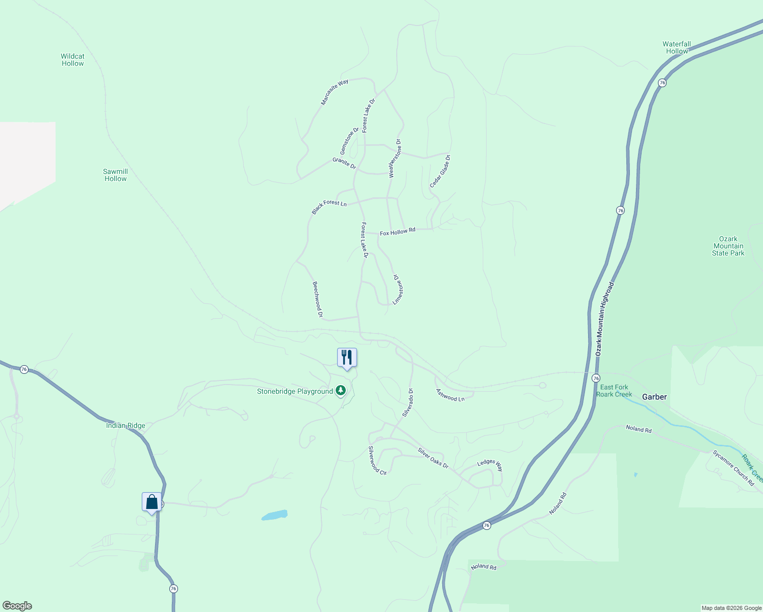 map of restaurants, bars, coffee shops, grocery stores, and more near 26 Limestone Drive in Branson