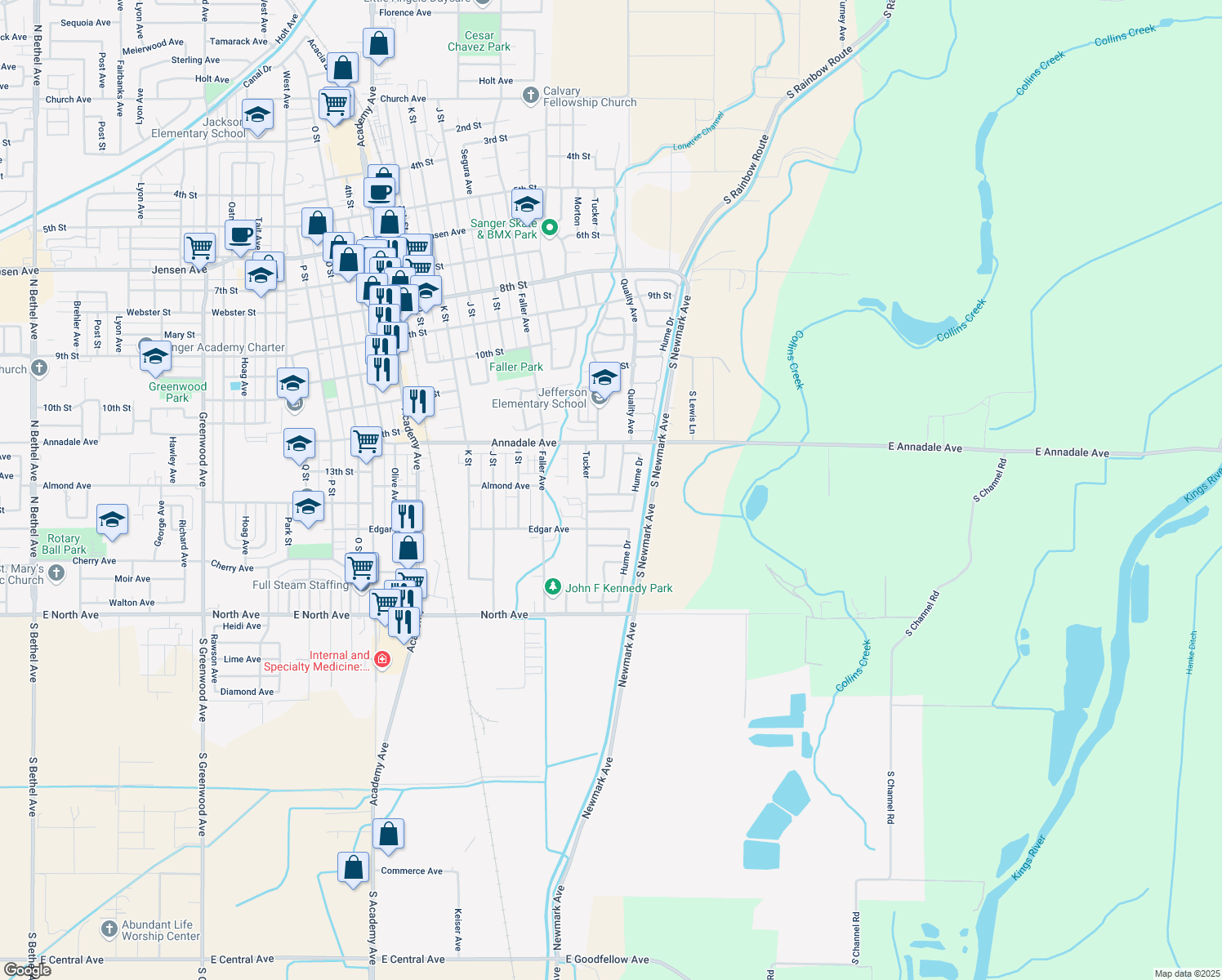 map of restaurants, bars, coffee shops, grocery stores, and more near 632 Forest Lane in Sanger