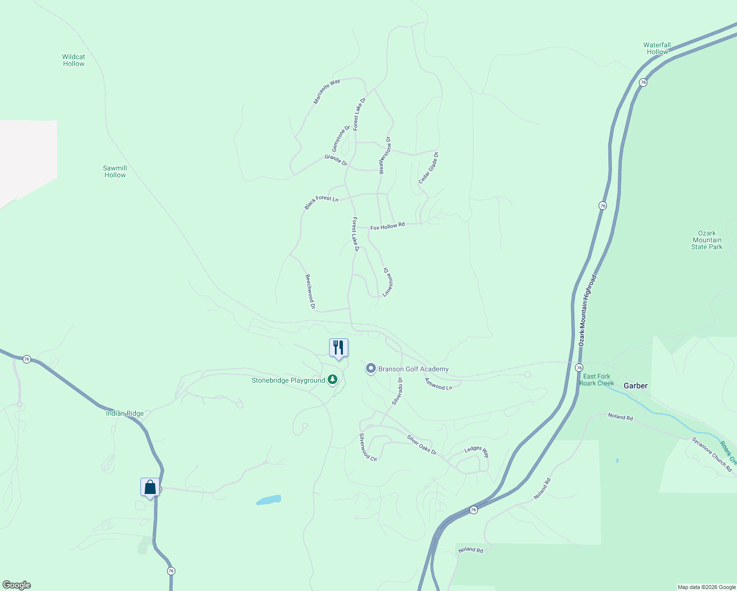 map of restaurants, bars, coffee shops, grocery stores, and more near 26 Limestone Drive in Branson
