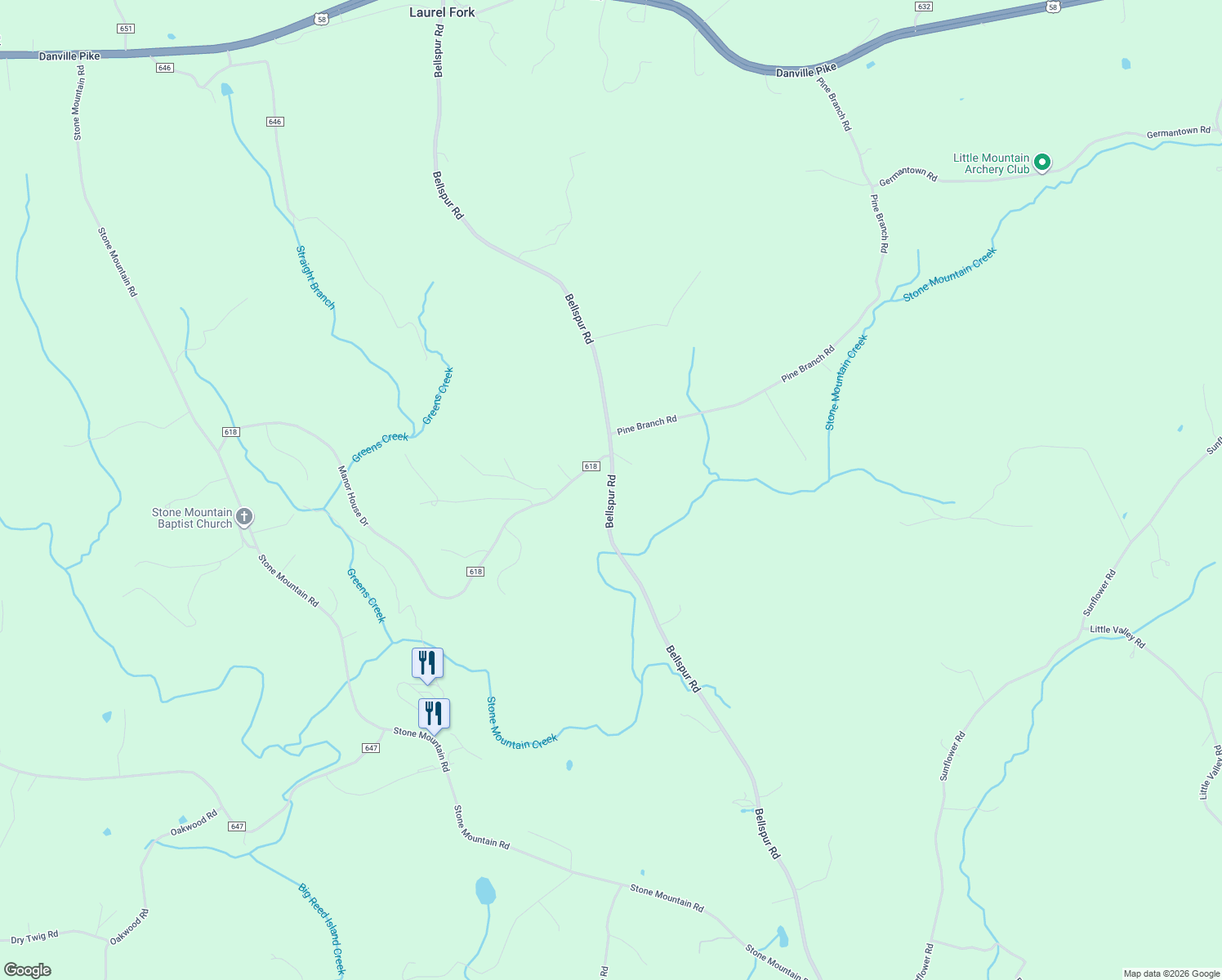 map of restaurants, bars, coffee shops, grocery stores, and more near Bellspur Road in Laurel Fork