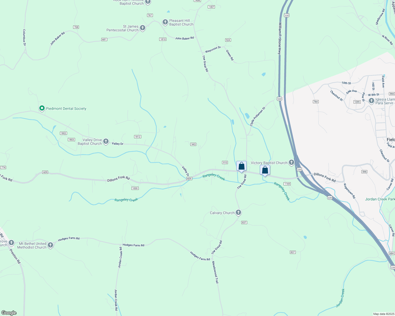 map of restaurants, bars, coffee shops, grocery stores, and more near 135 Watson Drive in Fieldale