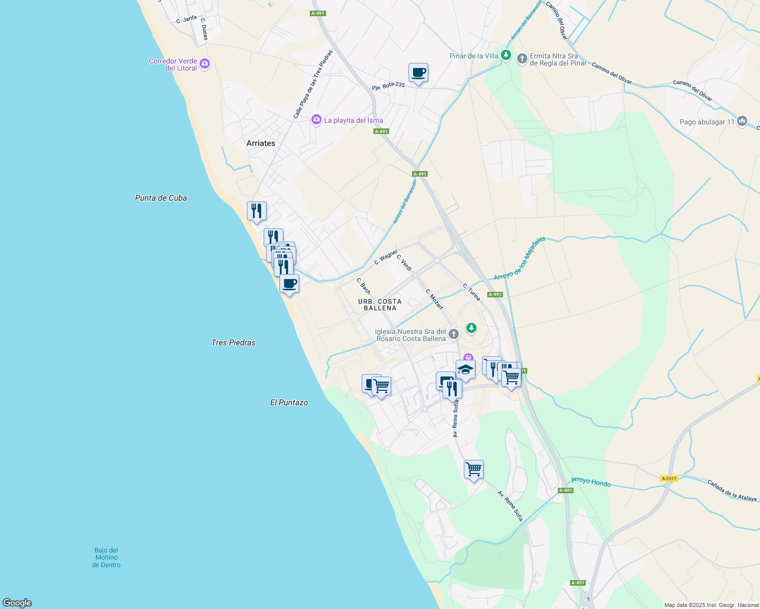 map of restaurants, bars, coffee shops, grocery stores, and more near in Chipiona
