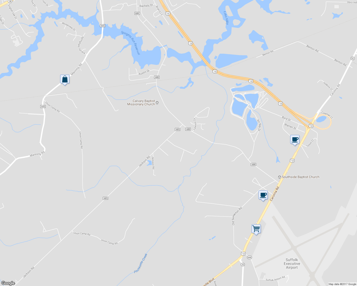 map of restaurants, bars, coffee shops, grocery stores, and more near 2579 Jackson Road in Suffolk