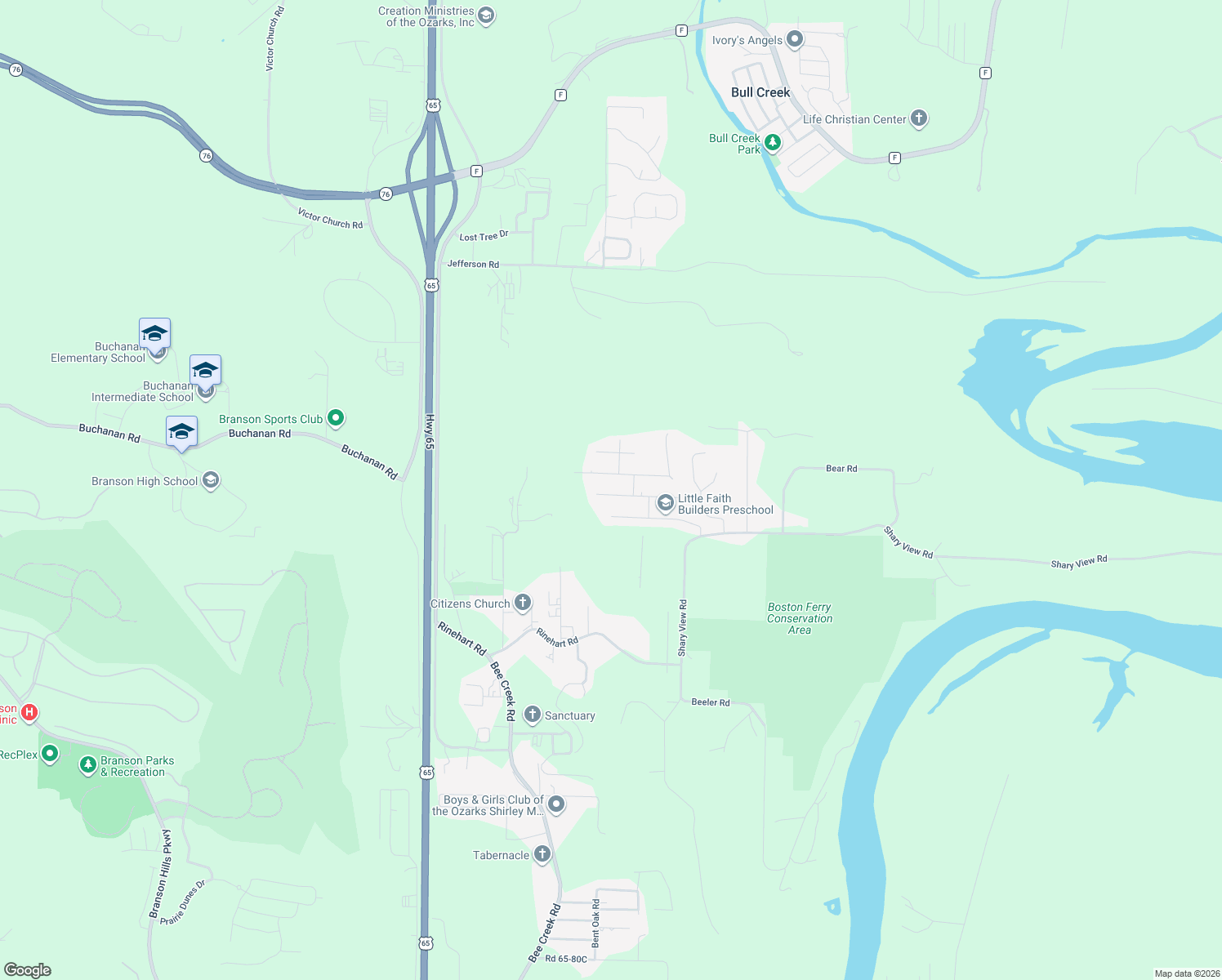 map of restaurants, bars, coffee shops, grocery stores, and more near 91 Shiloh Street in Branson