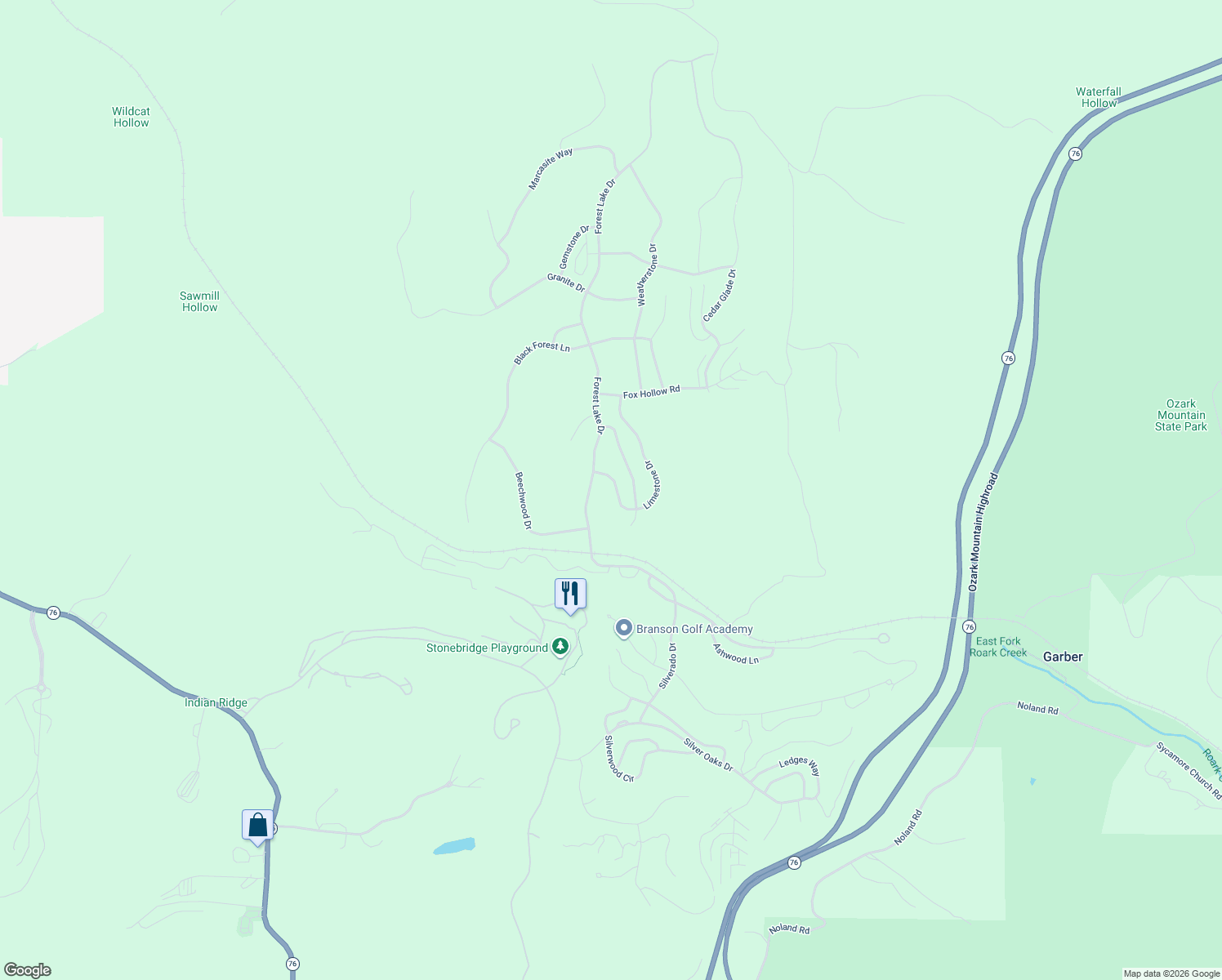 map of restaurants, bars, coffee shops, grocery stores, and more near 26 Limestone Drive in Branson