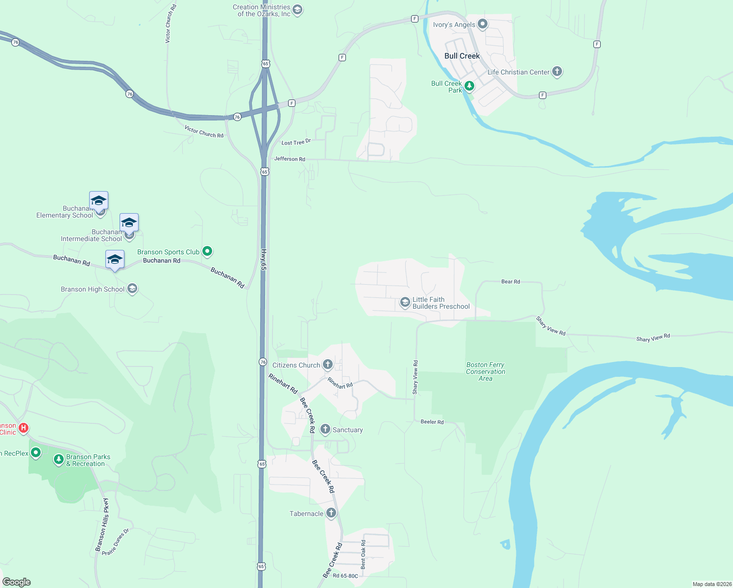 map of restaurants, bars, coffee shops, grocery stores, and more near 81 Bull Run Road in Branson