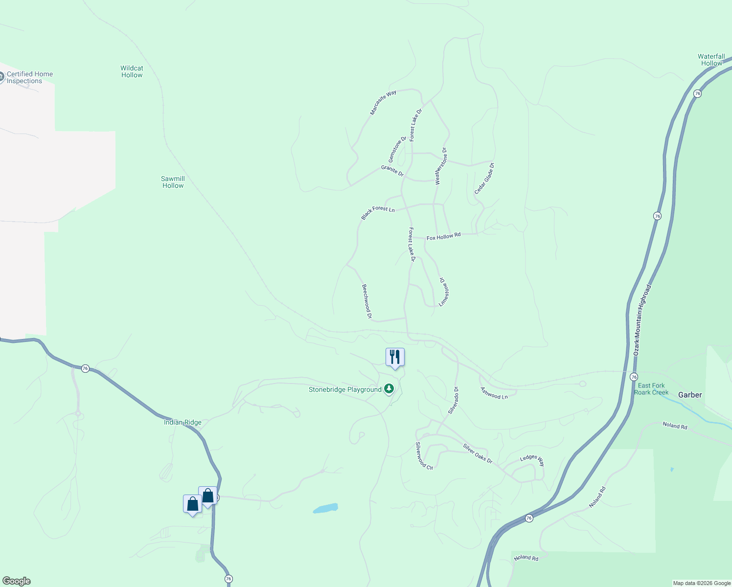 map of restaurants, bars, coffee shops, grocery stores, and more near Beechwood Drive in Reeds Spring