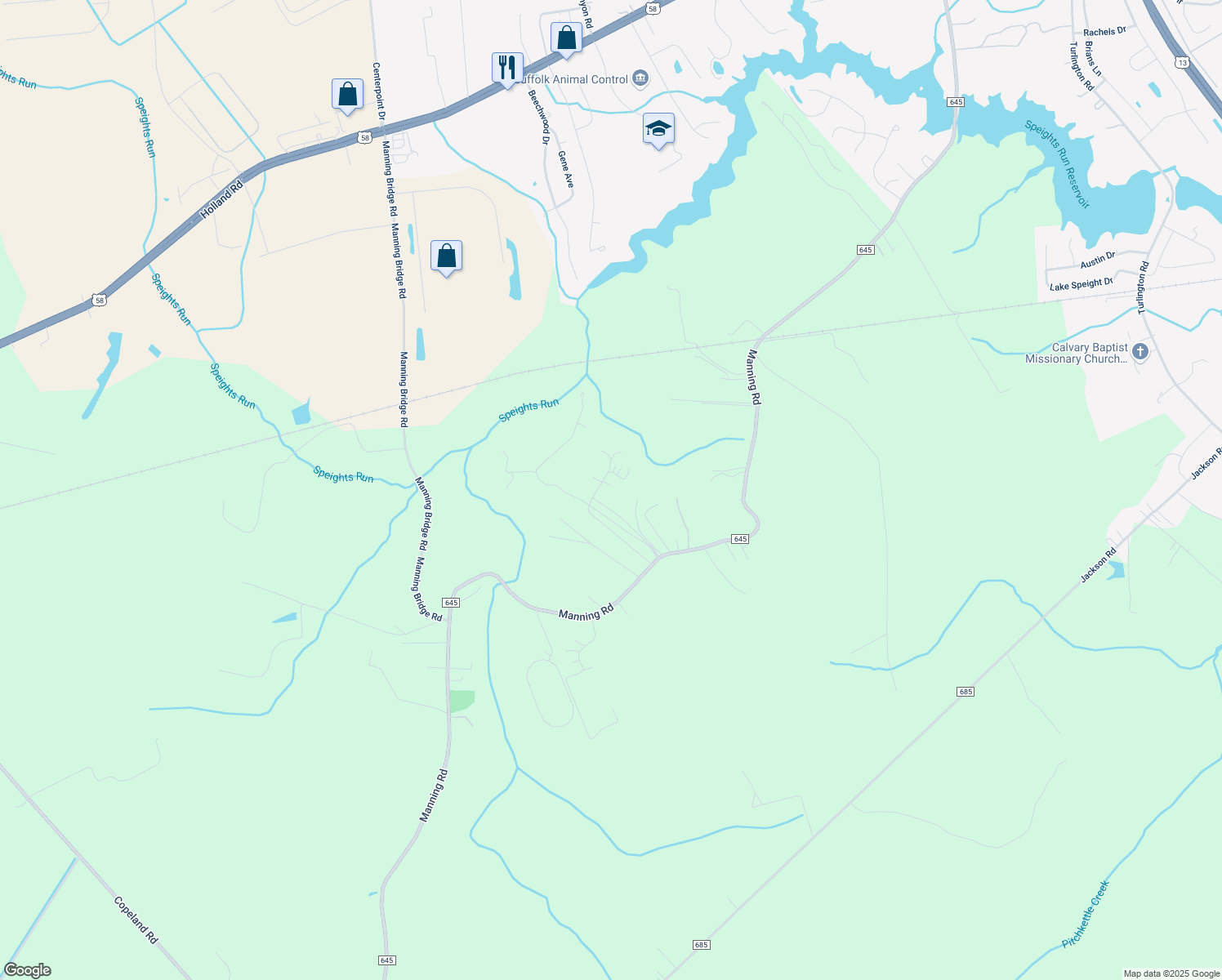 map of restaurants, bars, coffee shops, grocery stores, and more near 2010 Manning Farm Lane in Suffolk