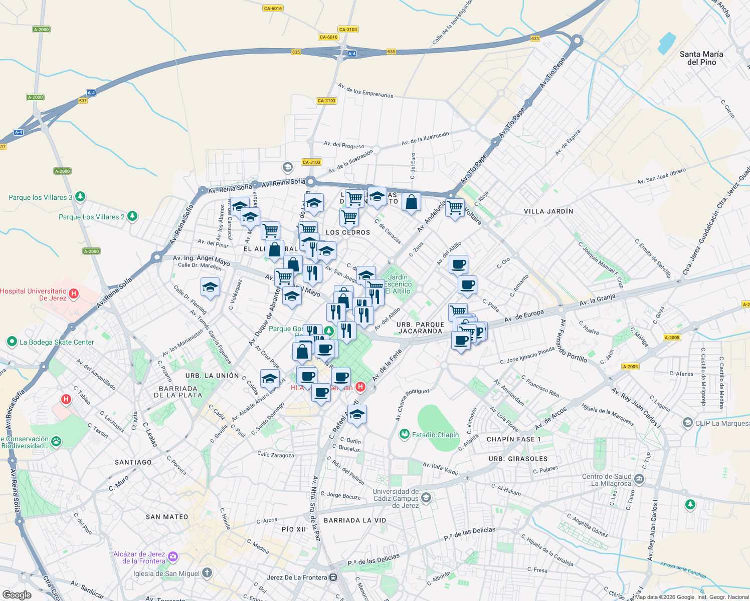 map of restaurants, bars, coffee shops, grocery stores, and more near 2 Calle Ursulinas in Jerez de la Frontera