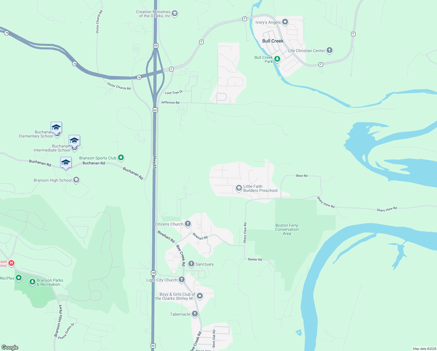 map of restaurants, bars, coffee shops, grocery stores, and more near 91 Shiloh Street in Branson