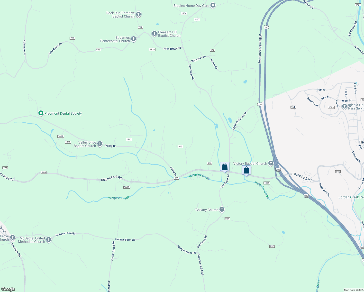 map of restaurants, bars, coffee shops, grocery stores, and more near 135 Watson Drive in Fieldale
