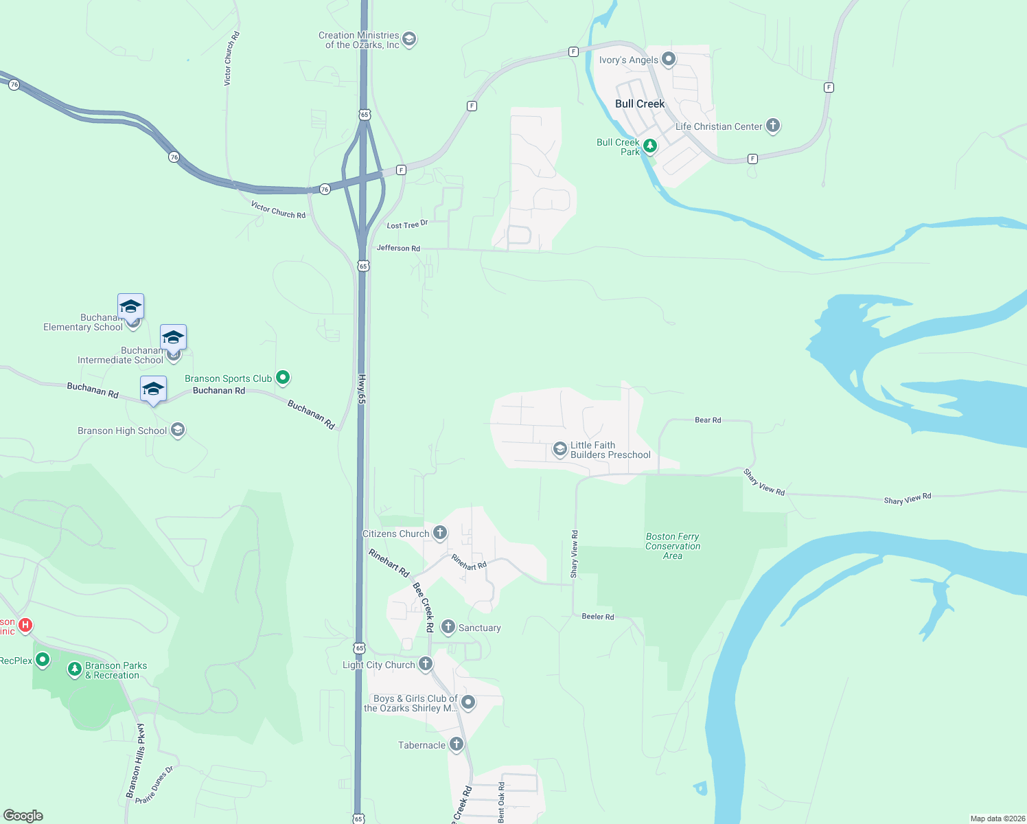 map of restaurants, bars, coffee shops, grocery stores, and more near 91 Shiloh Street in Branson