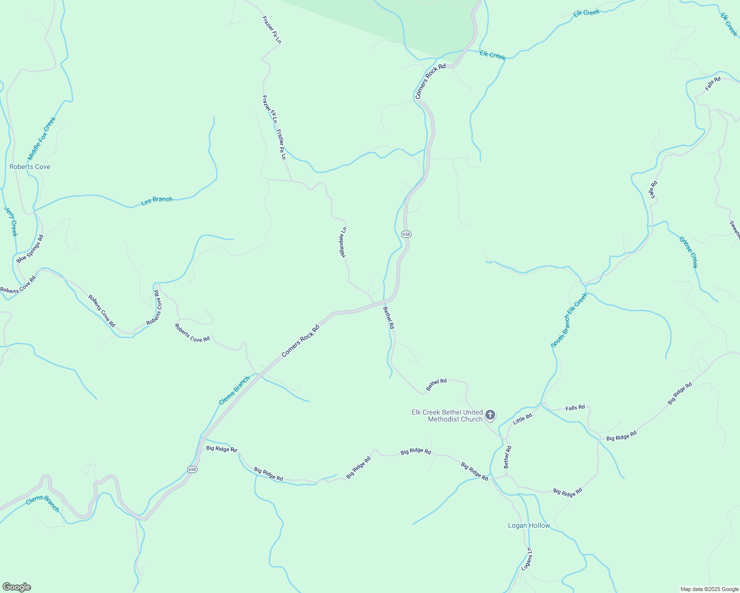 map of restaurants, bars, coffee shops, grocery stores, and more near 256 Hillandale Lane in Elk Creek