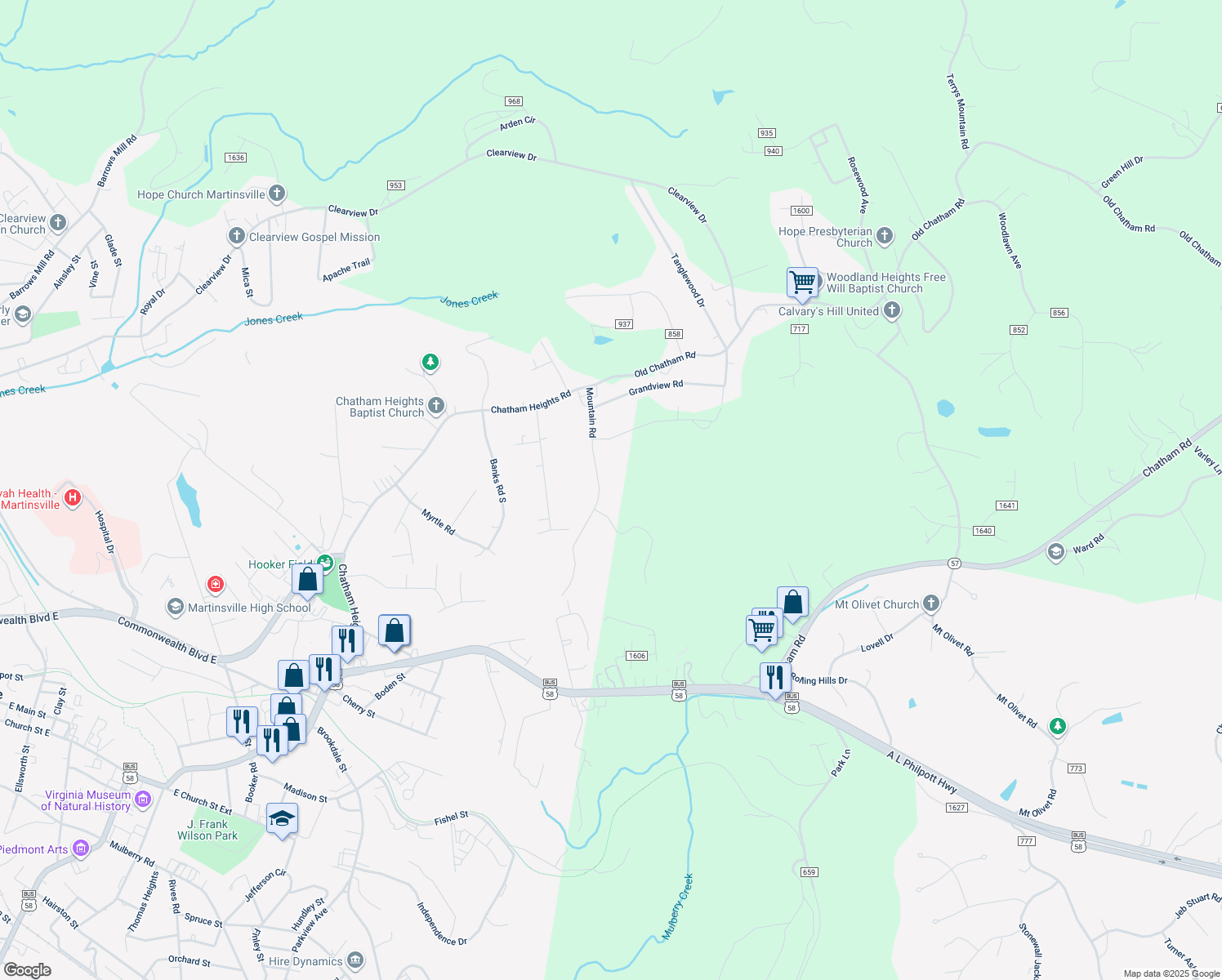 map of restaurants, bars, coffee shops, grocery stores, and more near 1031 Mountain Road in Martinsville