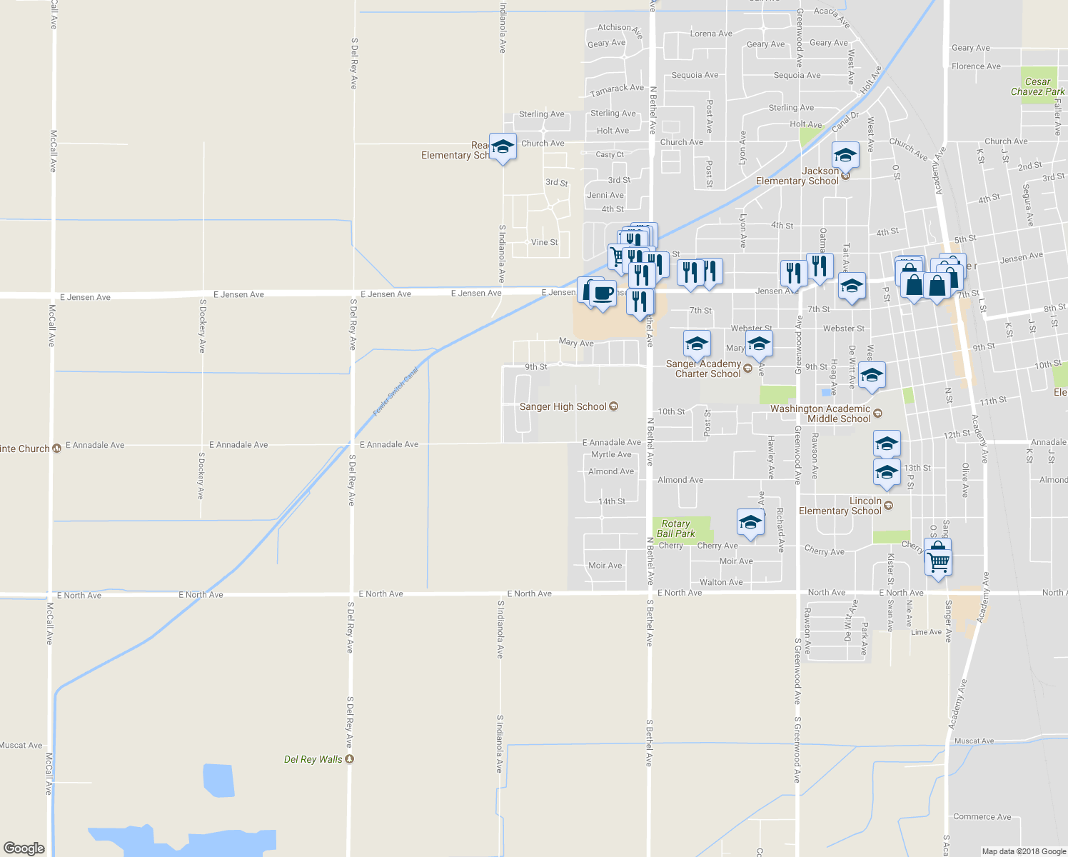 map of restaurants, bars, coffee shops, grocery stores, and more near 1076 Pinewood Avenue in Sanger