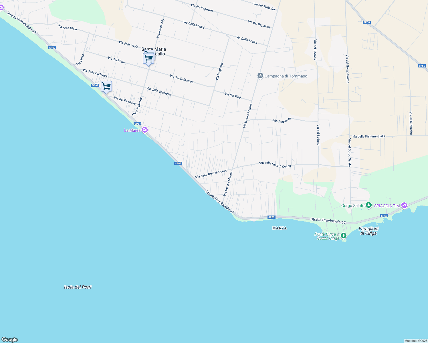 map of restaurants, bars, coffee shops, grocery stores, and more near 41 Viale Malibù in Santa Maria del Focallo