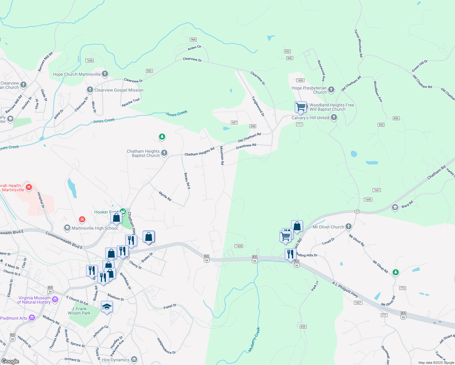 map of restaurants, bars, coffee shops, grocery stores, and more near 1031 Mountain Road in Martinsville