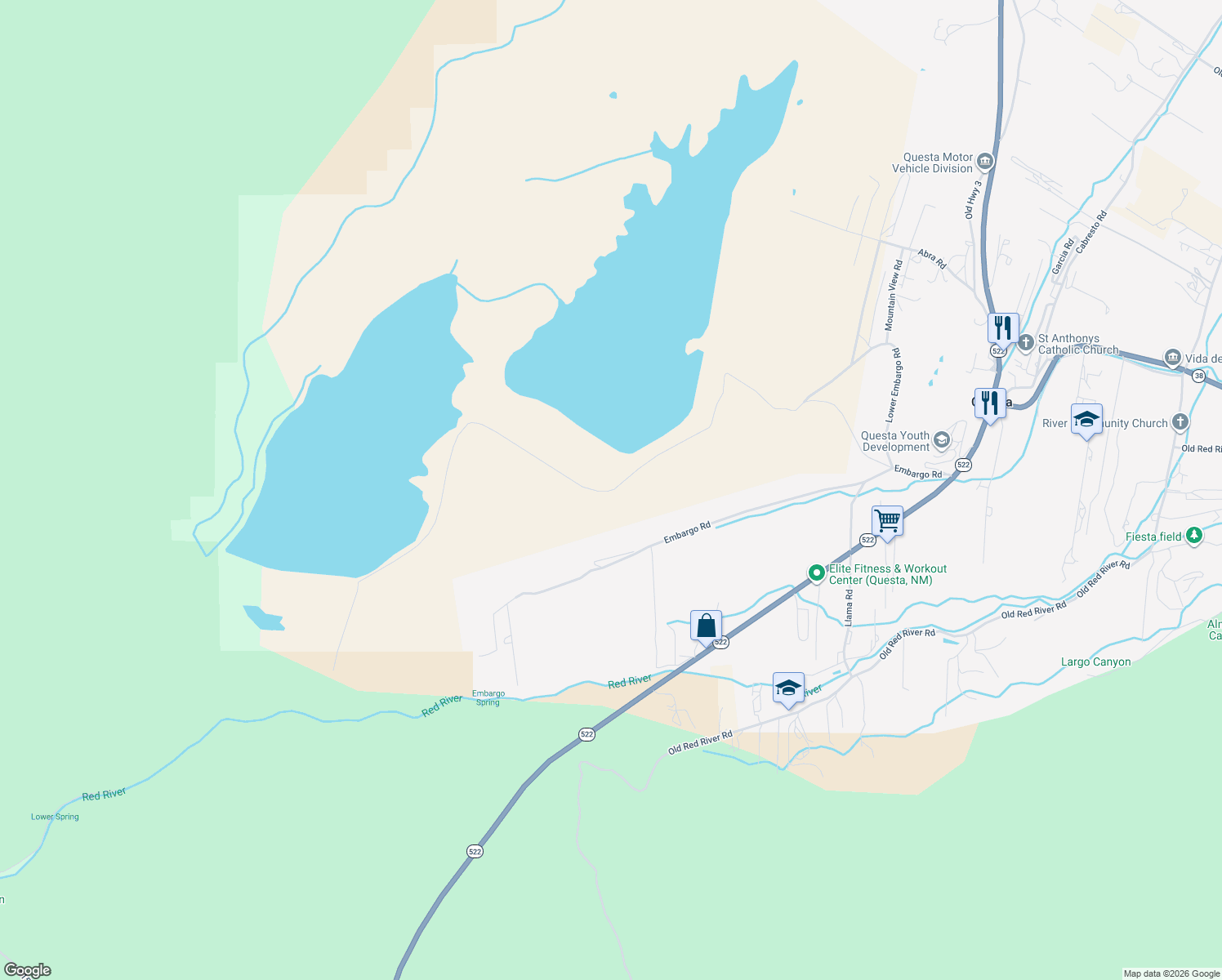 map of restaurants, bars, coffee shops, grocery stores, and more near Lower Embargo Rd in Questa