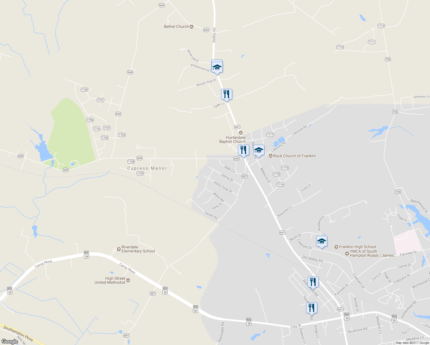 map of restaurants, bars, coffee shops, grocery stores, and more near 141 Verna Street in Franklin