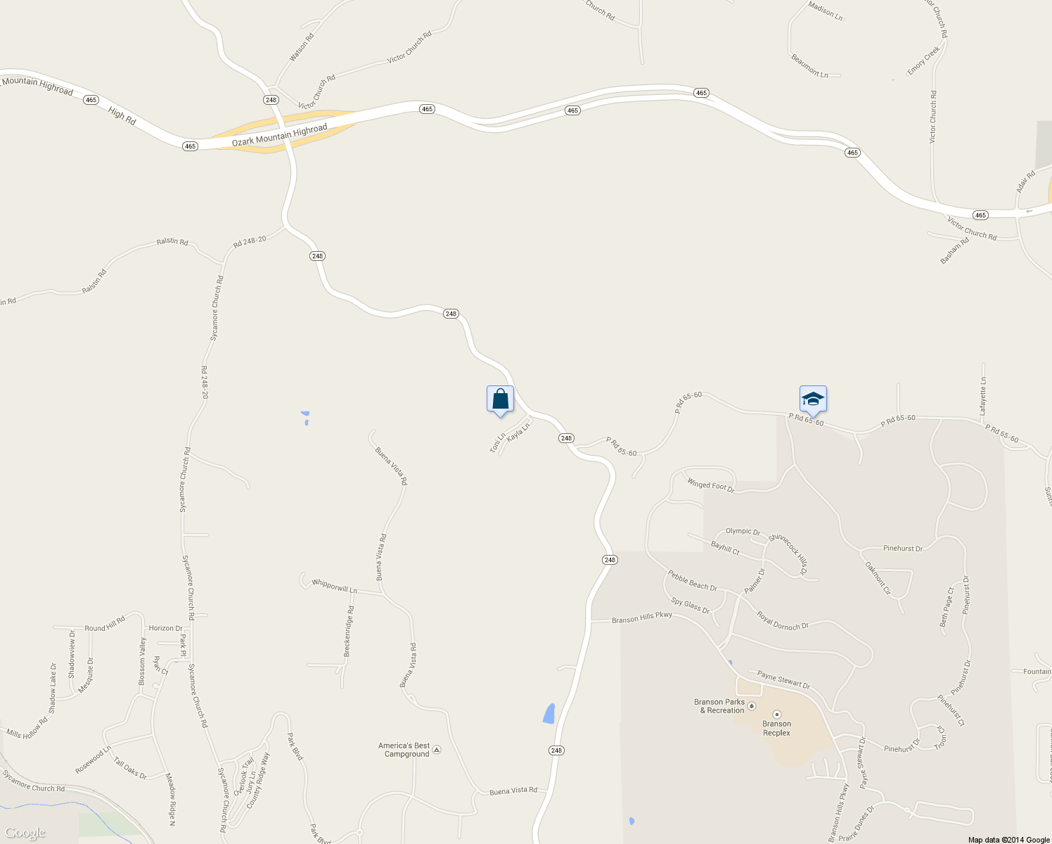 map of restaurants, bars, coffee shops, grocery stores, and more near 121 Toni Lane in Branson