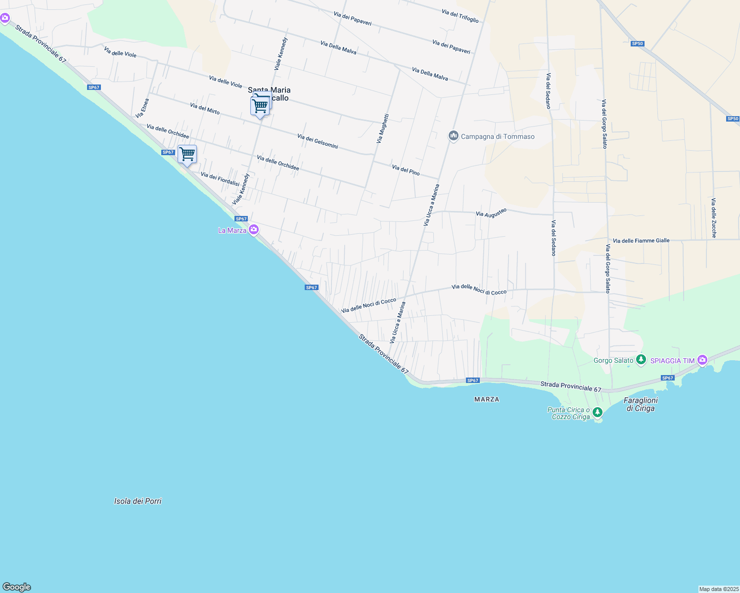 map of restaurants, bars, coffee shops, grocery stores, and more near 41 Viale Malibù in Santa Maria del Focallo