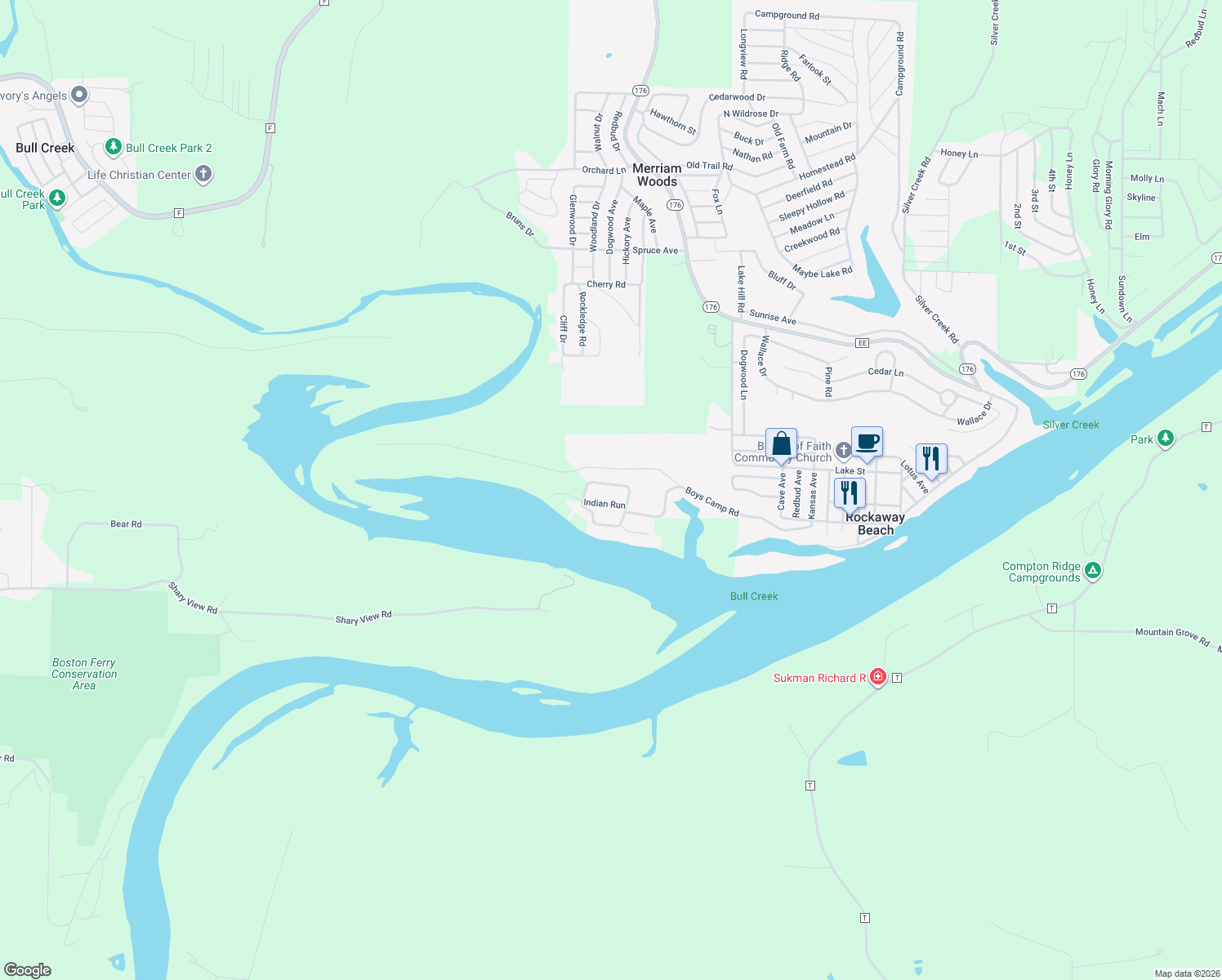 map of restaurants, bars, coffee shops, grocery stores, and more near 295 Arrowhead Cir in Rockaway Beach