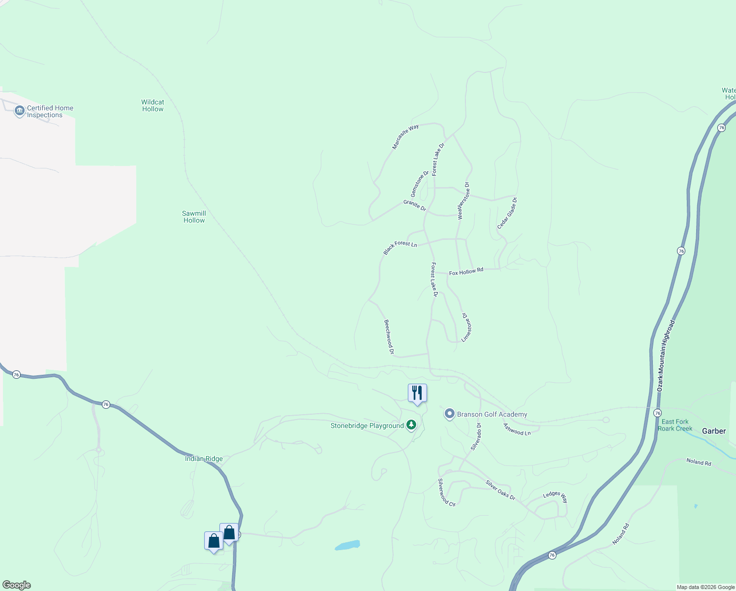map of restaurants, bars, coffee shops, grocery stores, and more near 183 Black Forest Lane in Branson West