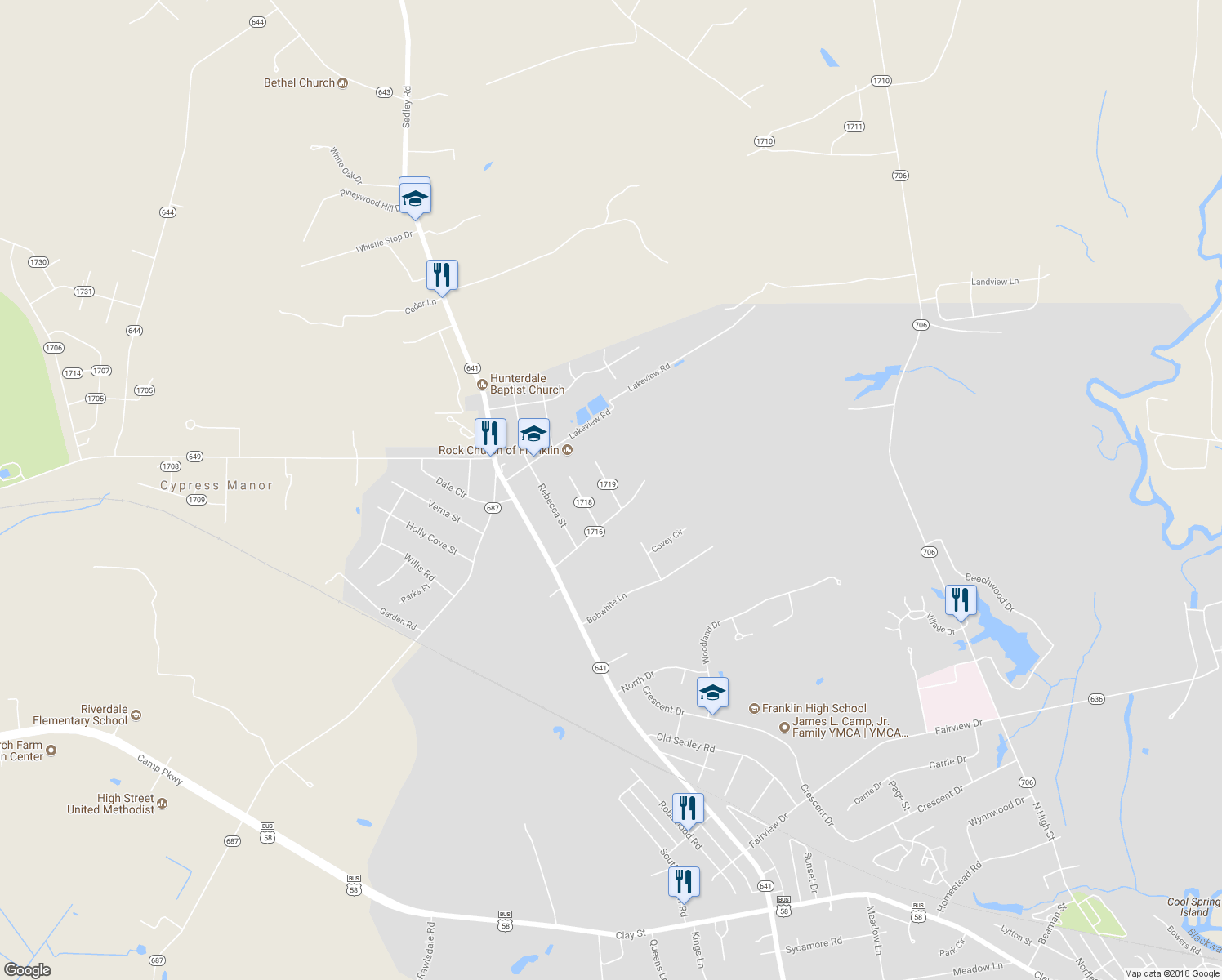 map of restaurants, bars, coffee shops, grocery stores, and more near 713 Chaucer Court in Franklin