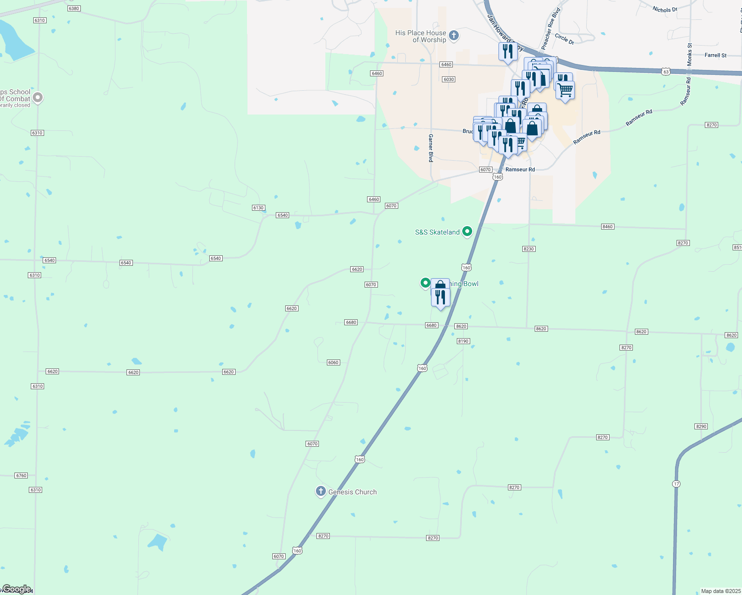 map of restaurants, bars, coffee shops, grocery stores, and more near 1852 County Road 6070 in West Plains