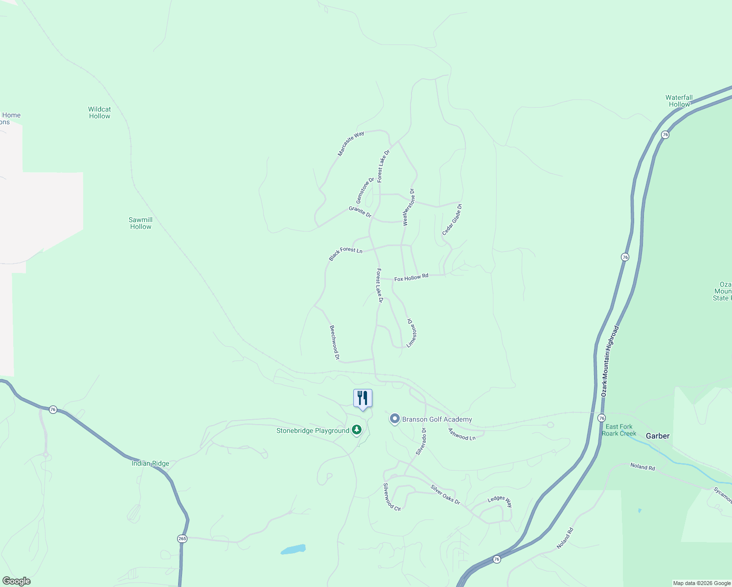 map of restaurants, bars, coffee shops, grocery stores, and more near 93 Bedrock Circle in Reeds Spring