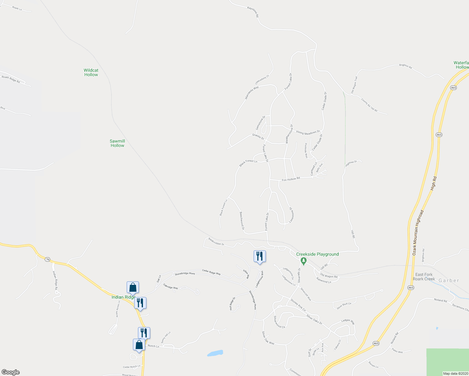 map of restaurants, bars, coffee shops, grocery stores, and more near Black Forest Lane in Reeds Spring