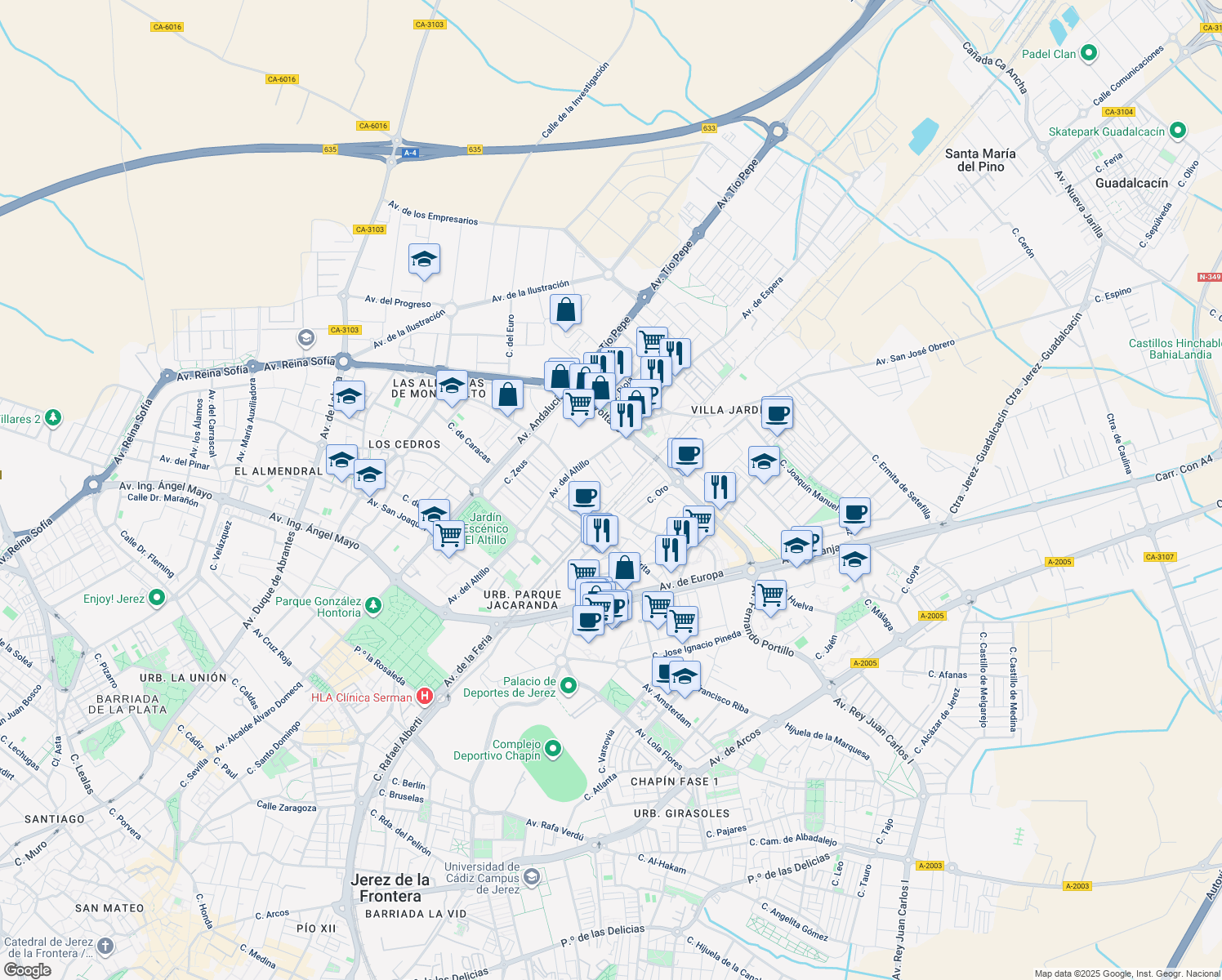 map of restaurants, bars, coffee shops, grocery stores, and more near 3 Calle Aldebarán in Jerez de la Frontera