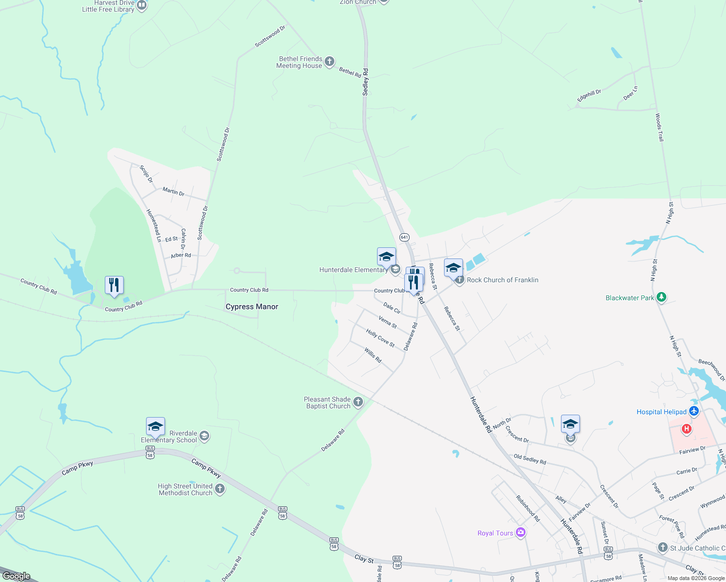 map of restaurants, bars, coffee shops, grocery stores, and more near 209 Country Club Road in Franklin