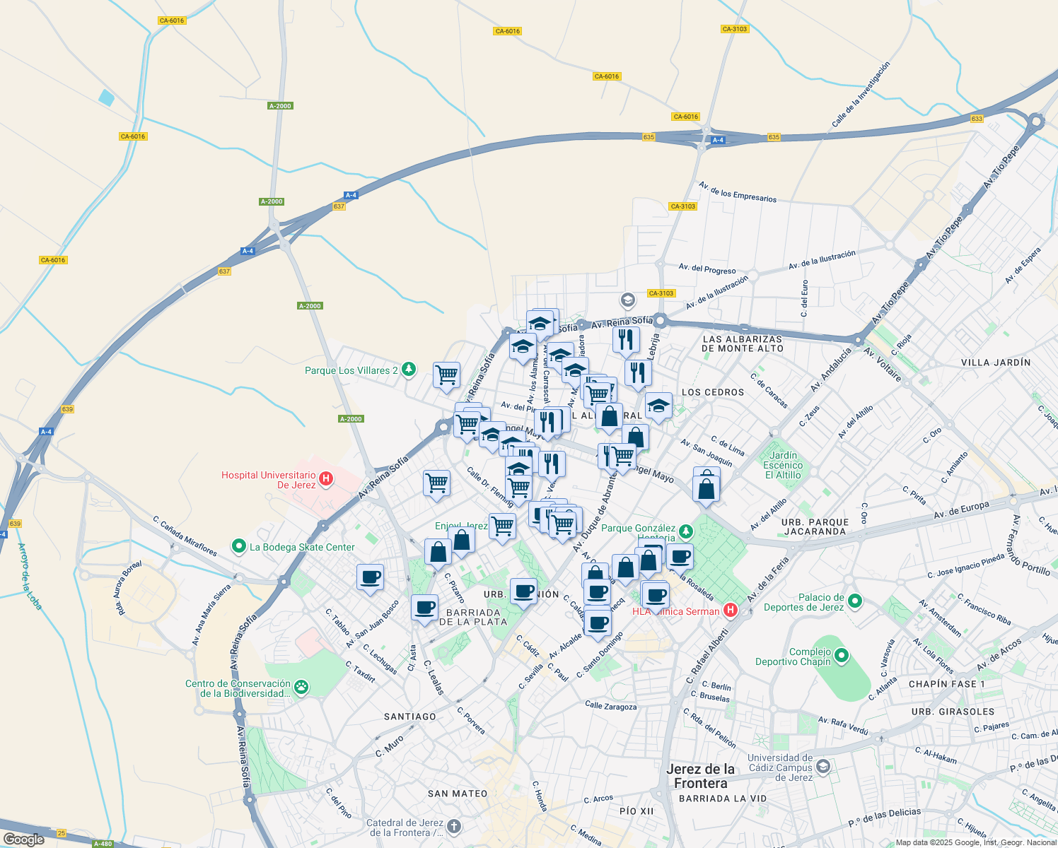 map of restaurants, bars, coffee shops, grocery stores, and more near 2 Avenida los Álamos in Jerez de la Frontera