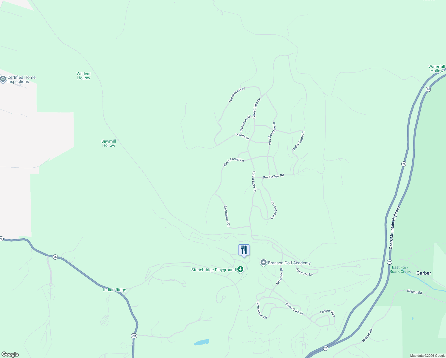 map of restaurants, bars, coffee shops, grocery stores, and more near 619 Black Forest Lane in Branson West