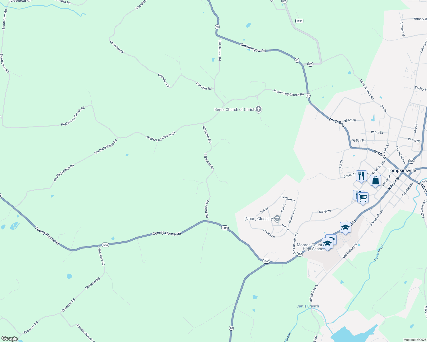 map of restaurants, bars, coffee shops, grocery stores, and more near 501 Bill Butler Road in Tompkinsville