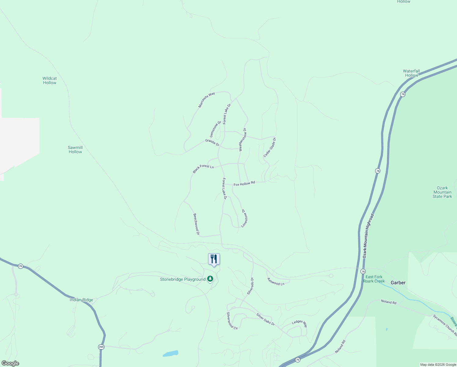 map of restaurants, bars, coffee shops, grocery stores, and more near Fox Hollow Rd in Reeds Spring