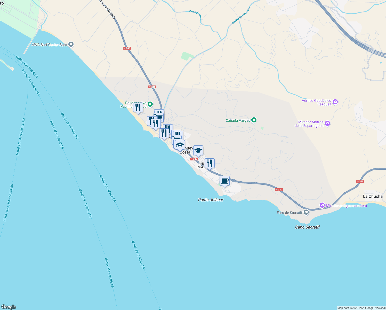 map of restaurants, bars, coffee shops, grocery stores, and more near 3 Calle Cormorán in Torrenueva