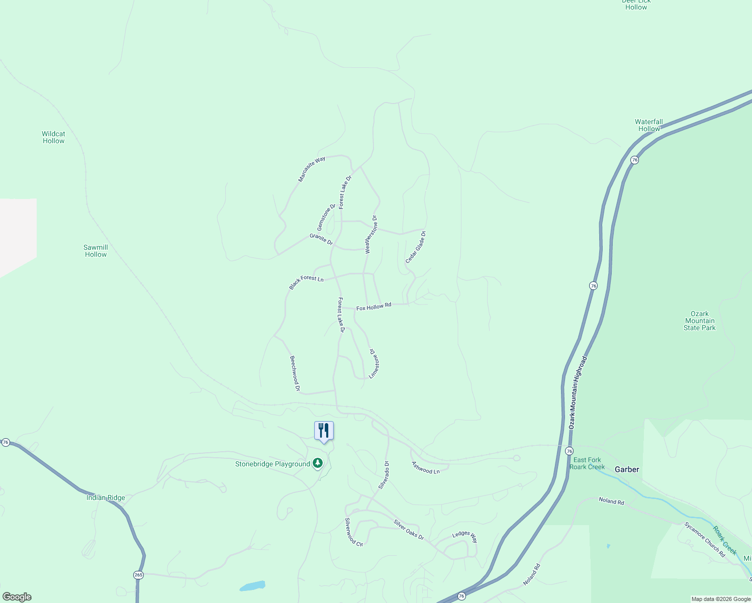map of restaurants, bars, coffee shops, grocery stores, and more near Fox Hollow Road in Reeds Spring