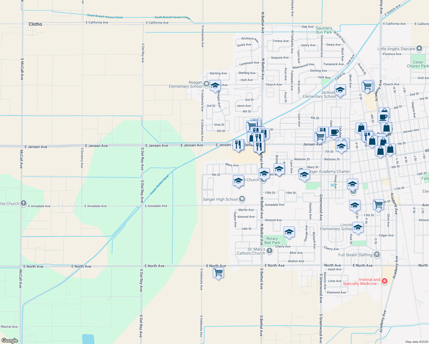 map of restaurants, bars, coffee shops, grocery stores, and more near 864 Pinewood Avenue in Sanger