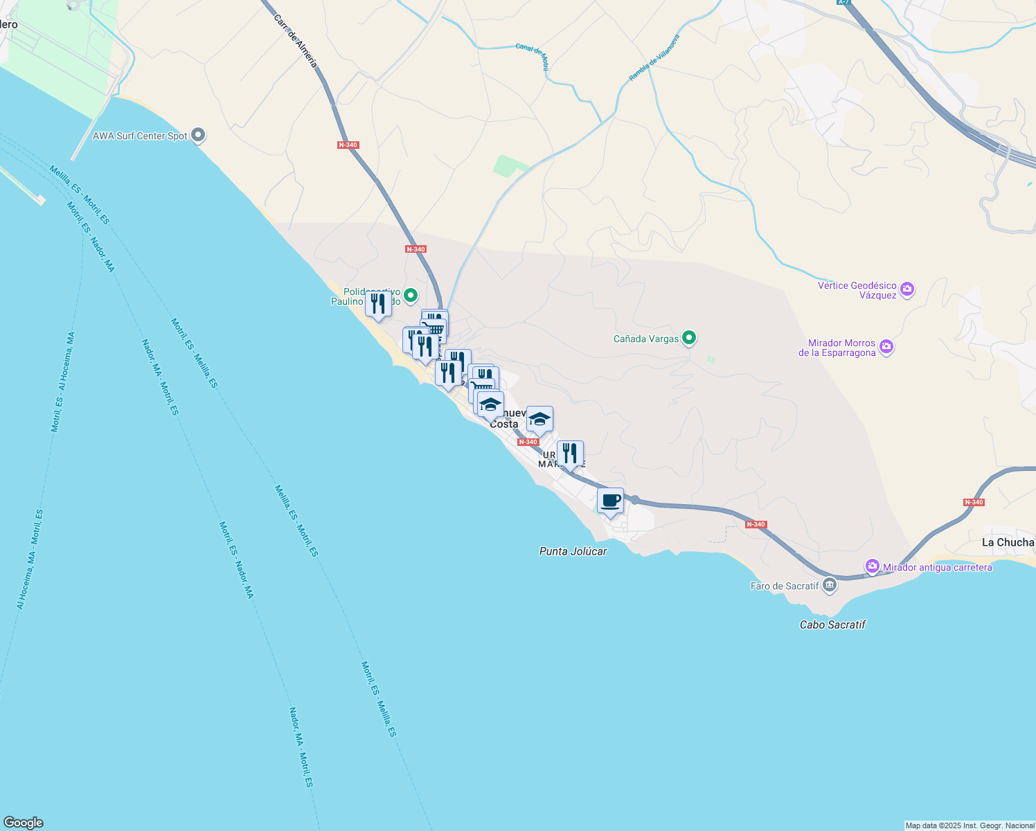 map of restaurants, bars, coffee shops, grocery stores, and more near 3 Calle Cormorán in Torrenueva