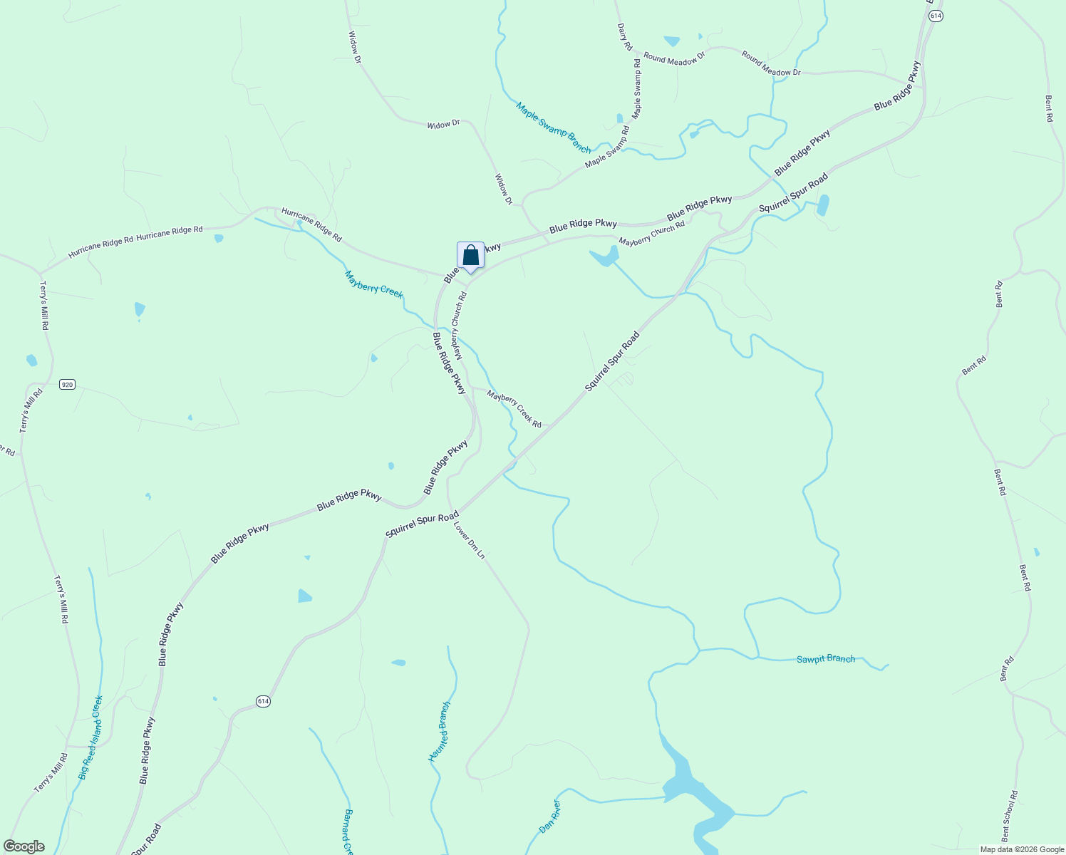 map of restaurants, bars, coffee shops, grocery stores, and more near Squirell Spur Road in Meadows of Dan