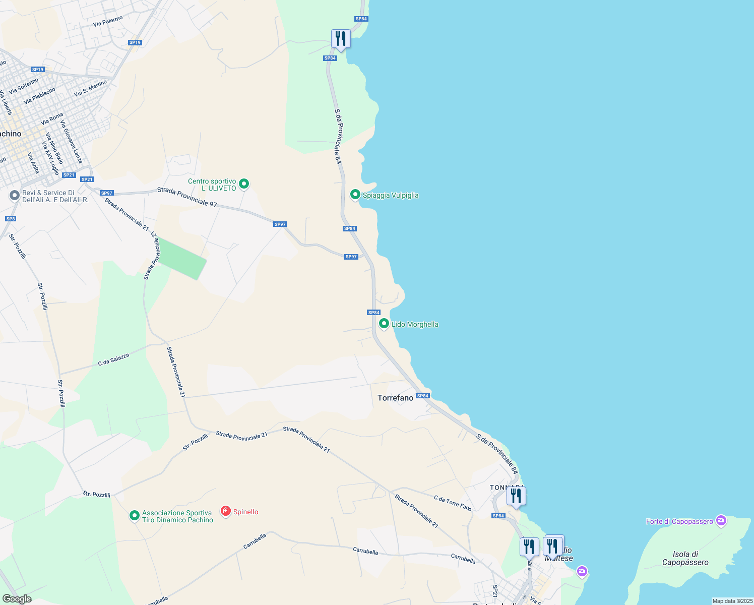 map of restaurants, bars, coffee shops, grocery stores, and more near Strada Provinciale 84 in Provincia di Siracusa