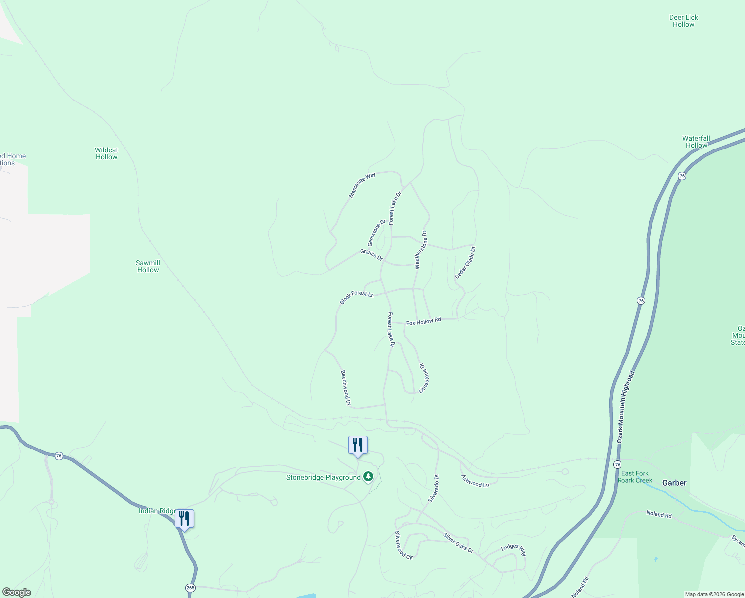 map of restaurants, bars, coffee shops, grocery stores, and more near 269 Black Forest Lane in Branson West