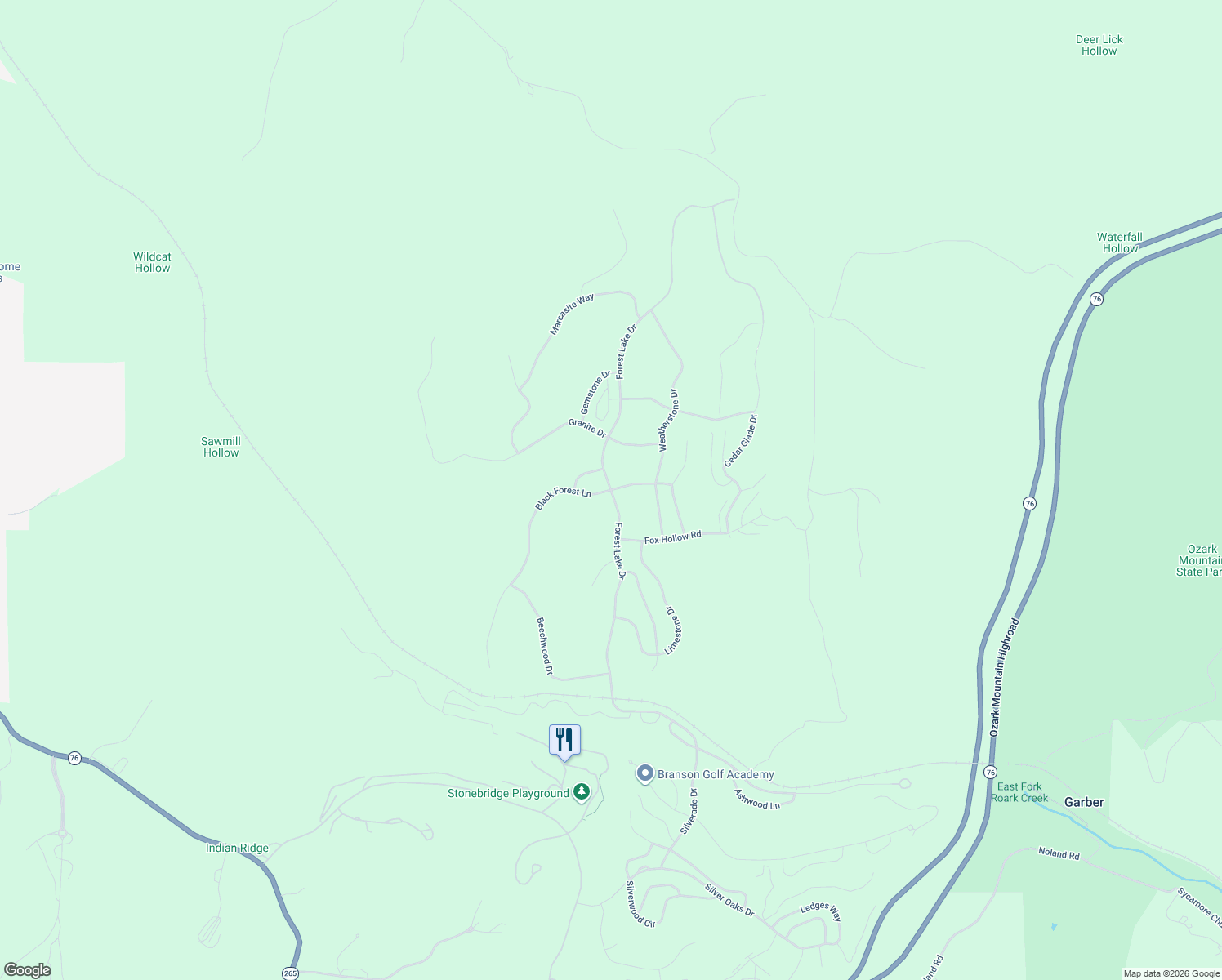 map of restaurants, bars, coffee shops, grocery stores, and more near 183 Black Forest Lane in Reeds Spring